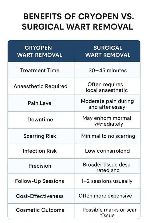 Table showing the benefits of cryopen to remove warts Harefield compared to surgical treatment